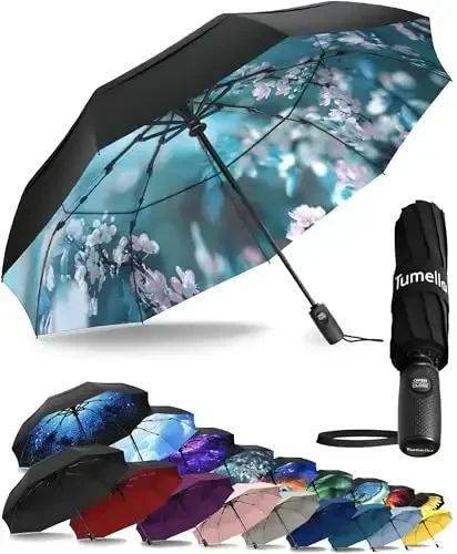 TUMELLA Strongest Windproof Travel Umbrella (Compact, Superior & Beautiful), Small Strong but Light Portable and Automatic Folding Rain Umbrella, Durable Premium Grip, Fits Car & Backpack - 3
