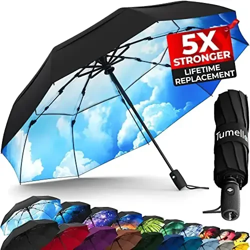 TUMELLA Strongest Windproof Travel Umbrella (Compact, Superior & Beautiful), Small Strong but Light Portable and Automatic Folding Rain Umbrella, Durable Premium Grip, Fits Car & Backpack - 1