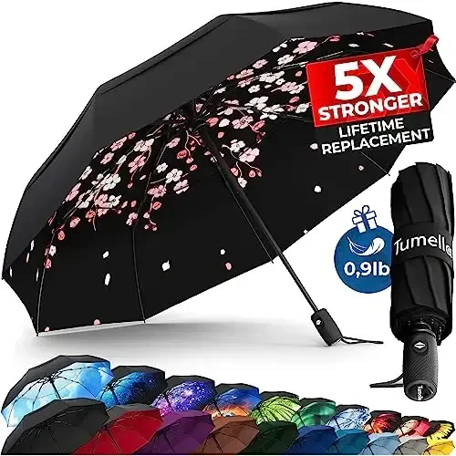 TUMELLA Strongest Windproof Travel Umbrella (Compact, Superior & Beautiful), Small Strong but Light Portable and Automatic Folding Rain Umbrella, Durable Premium Grip, Fits Car & Backpack - TUMELLA