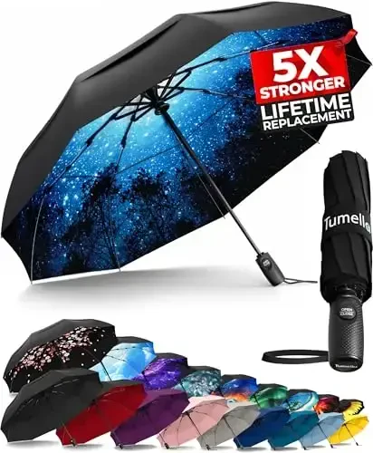 TUMELLA Strongest Windproof Travel Umbrella (Compact, Superior & Beautiful), Small Strong but Light Portable and Automatic Folding Rain Umbrella, Durable Premium Grip, Fits Car & Backpack 