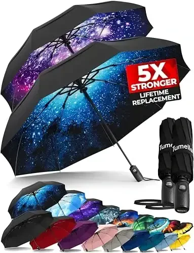 TUMELLA Strongest Windproof Travel Umbrella (Compact, Superior & Beautiful), Small Strong but Light Portable and Automatic Folding Rain Umbrella, Durable Premium Grip, Fits Car & Backpack - TUMELLA