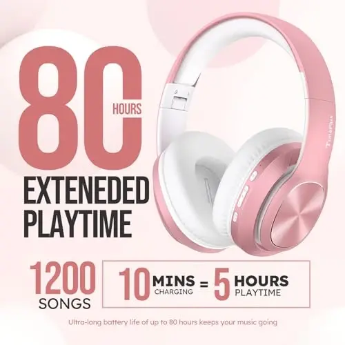TuneFlux Wireless Bluetooth Headphones Over Ear, 80H Playtime, 3EQ Sound Modes, HiFi Stereo Headphones with Deep Bass, Foldable Bluetooth 5.3 Headsets for Smartphone/PC/Computer-Rose Gold - 2