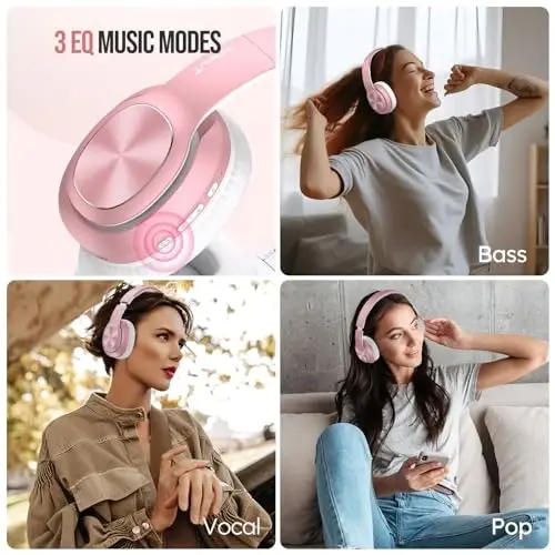 TuneFlux Wireless Bluetooth Headphones Over Ear, 80H Playtime, 3EQ Sound Modes, HiFi Stereo Headphones with Deep Bass, Foldable Bluetooth 5.3 Headsets for Smartphone/PC/Computer-Rose Gold - 4