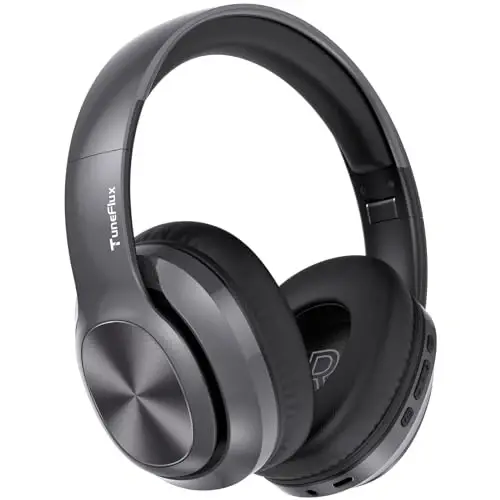 TuneFlux Wireless Bluetooth Headphones Over Ear, 80H Playtime, 3EQ Sound Modes, HiFi Stereo Headphones with Deep Bass, Foldable Bluetooth 5.3 Headsets for Smartphone/PC/Computer-Metallic 