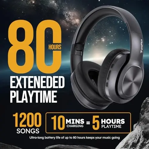 TuneFlux Wireless Bluetooth Headphones Over Ear, 80H Playtime, 3EQ Sound Modes, HiFi Stereo Headphones with Deep Bass, Foldable Bluetooth 5.3 Headsets for Smartphone/PC/Computer-Metallic - TUNEFLUX (1)