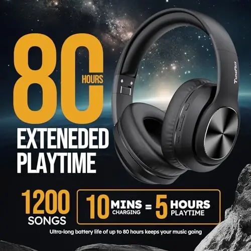 TuneFlux Wireless Bluetooth Headphones Over Ear, 80H Playtime, 3EQ Sound Modes, HiFi Stereo Headphones with Deep Bass Microphone, Foldable Bluetooth 5.3 Headsets for Smartphone/PC/Computer - 2