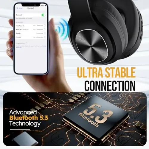TuneFlux simsiz Bluetooth quloqchinlari, 80 soatlik tinglash vaqti, 3EQ ovoz rejimi, chuqur basli HiFi stereo quloqchinlar, mikrofon, buklanadigan Bluetooth 5.3 smartfon/kompyuter/noutbuk uchun naushniklar - 6