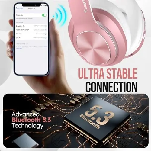 TuneFlux simsiz Bluetooth quloqchinlari quloq ustida, 80 soatlik ijro etish vaqti, 3EQ ovoz rejimi, chuqur basli HiFi stereo quloqchinlari, smartfon/kompyuter uchun buklanadigan Bluetooth 5.3 garnituralari - pushti tilla - 6