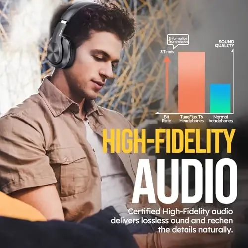 TuneFlux Wireless Bluetooth Headphones Over Ear, 80H Playtime, 3EQ Sound Modes, HiFi Stereo Headphones with Deep Bass, Foldable Bluetooth 5.3 Headsets for Smartphone/PC/Computer-Metallic - 5