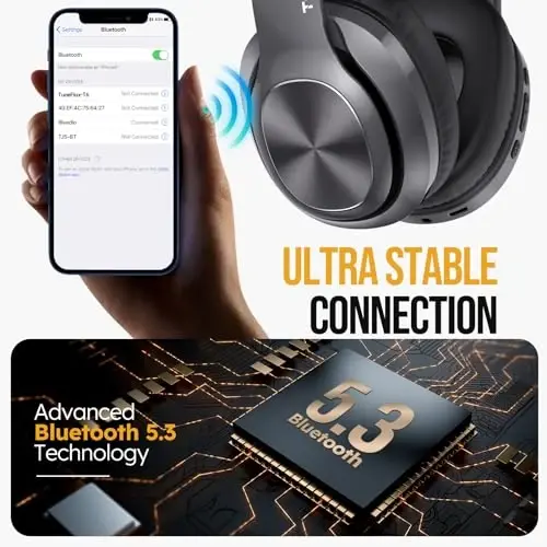 TuneFlux Wireless Bluetooth Headphones Over Ear, 80H Playtime, 3EQ Sound Modes, HiFi Stereo Headphones with Deep Bass, Foldable Bluetooth 5.3 Headsets for Smartphone/PC/Computer-Metallic - 6