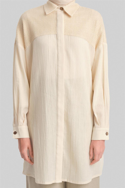 Tunic with mesh and shimmering fabric, code 24Y3541, Moonstone color. - 5