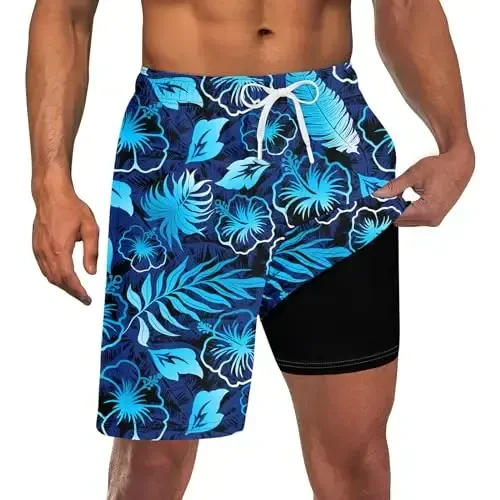 TUONROAD Mens Swim Trunks with Compression Liner 2 in 1 Board Shorts 9 Inch Quick Dry Swimming Trunks with Pockets - TUONROAD