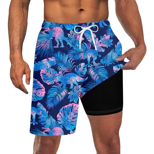 TUONROAD Mens Swim Trunks with Compression Liner 2 in 1 Board Shorts 9 Inch Quick Dry Swimming Trunks with Pockets - 1