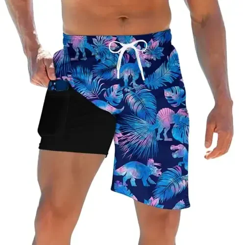 TUONROAD Mens Swim Trunks with Compression Liner 2 in 1 Board Shorts 9 Inch Quick Dry Swimming Trunks with Pockets - 1