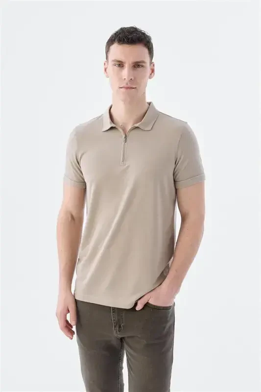Tuproq Fermuarli Slim Fit Polo Yoqa T-Shirt - Modazone