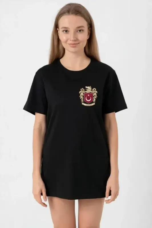 Türk Arma Baskılı Oversize Bisiklet Yaka Günlük T-shirt - Siyah - 1
