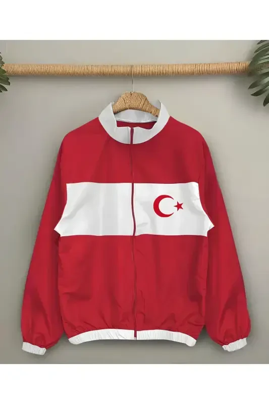 Turkiya Milliy Takımı Unisex Parashut Mato Oversize Raqamli Bosmali Qora Shamoldan Saqlovchi Yomg'ir Palto - Qizil - 1