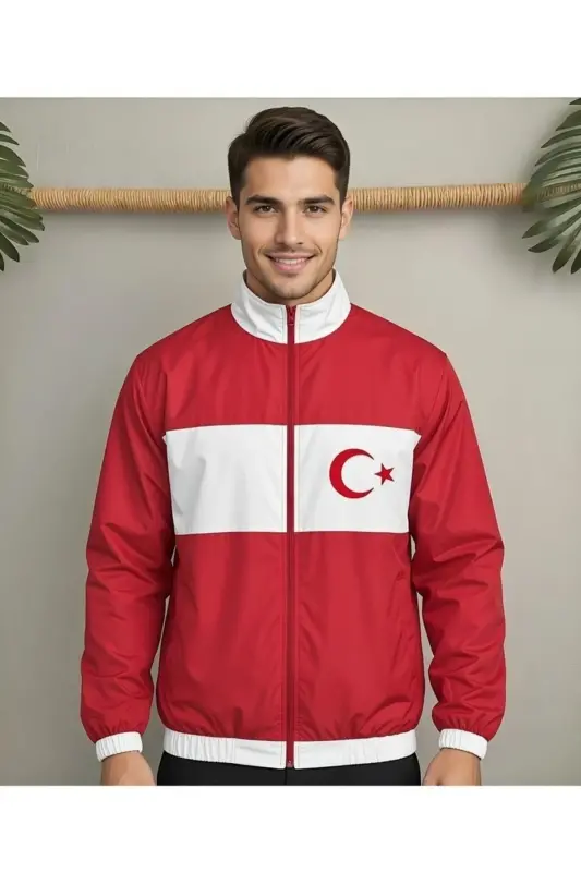 Turkiya Milliy Takımı Unisex Parashut Mato Oversize Raqamli Bosmali Qora Shamoldan Saqlovchi Yomg'ir Palto - Qizil - 1