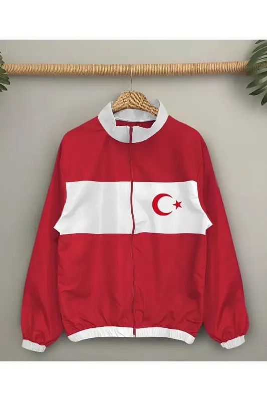 Turkiya Milliy Takımı Unisex Parashut Mato Oversize Raqamli Bosmali Qora Shamoldan Saqlovchi Yomg'ir Palto - Qizil - 2