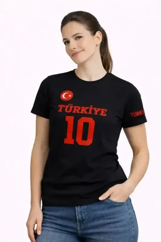 TÜRKİYE Ay Yıldız Baskılı 10 Numara Forma Tişört Taraftar T-Shirt - Siyah - BÜYÜKBEDENIZ