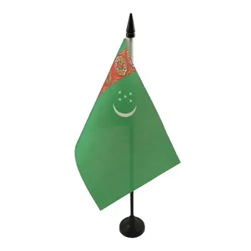 Turkmenistan Table Flag 4'' x 6'' - Turkmen Desk Flag 15 x 10 cm. - Black plastic stick and base - AZ FLAG - AZ FLAG