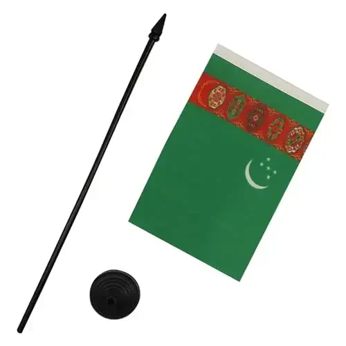 Turkmenistan Table Flag 4'' x 6'' - Turkmen Desk Flag 15 x 10 cm. - Black plastic stick and base - AZ FLAG - 3