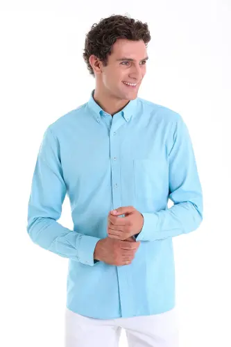 Turkuaz Comfort Fit Düz 100% Pamuk Düğmeli Yaka Uzun Kollu Casual Oxford Gömlek - Turkuaz - HATEMOĞLU (1)