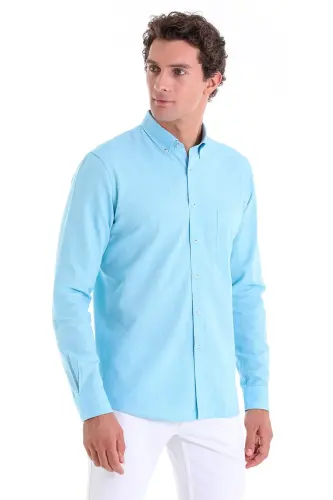Turkuaz Comfort Fit Düz 100% Pamuk Düğmeli Yaka Uzun Kollu Casual Oxford Gömlek - Turkuaz - 3
