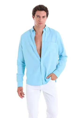 Turkuaz Comfort Fit Düz 100% Pamuk Düğmeli Yaka Uzun Kollu Casual Oxford Gömlek - Turkuaz - 4