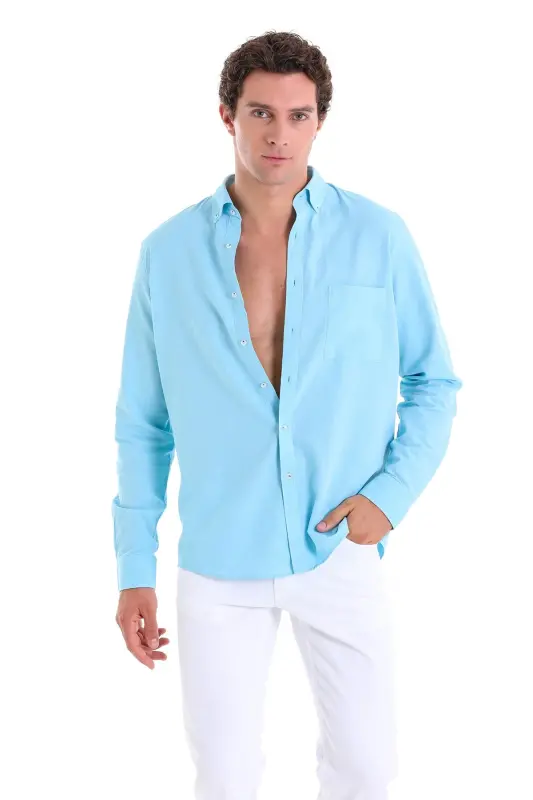 Turkuaz Comfort Fit Düz 100% Pamuk Düğmeli Yaka Uzun Kollu Casual Oxford Gömlek - Turkuaz - 4