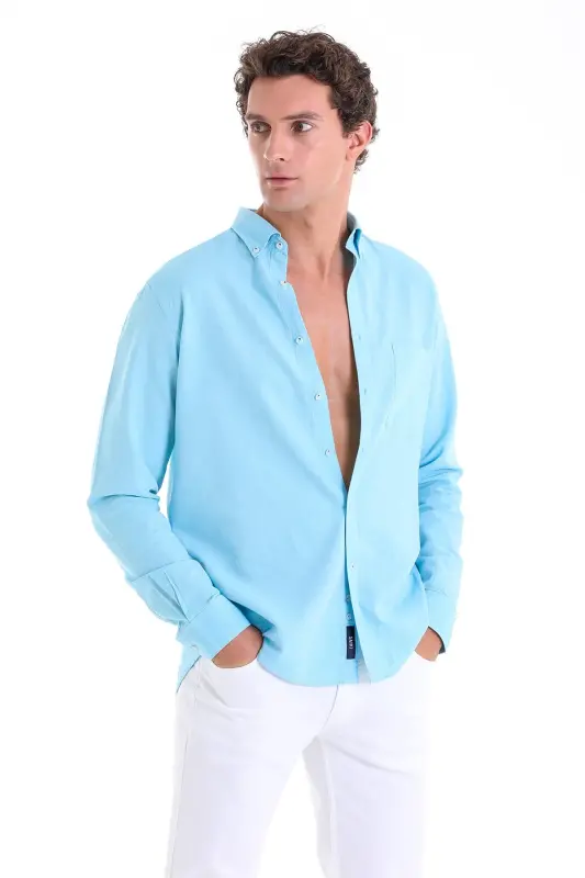 Turkuaz Comfort Fit Düz 100% Pamuk Düğmeli Yaka Uzun Kollu Casual Oxford Gömlek - Turkuaz - 5