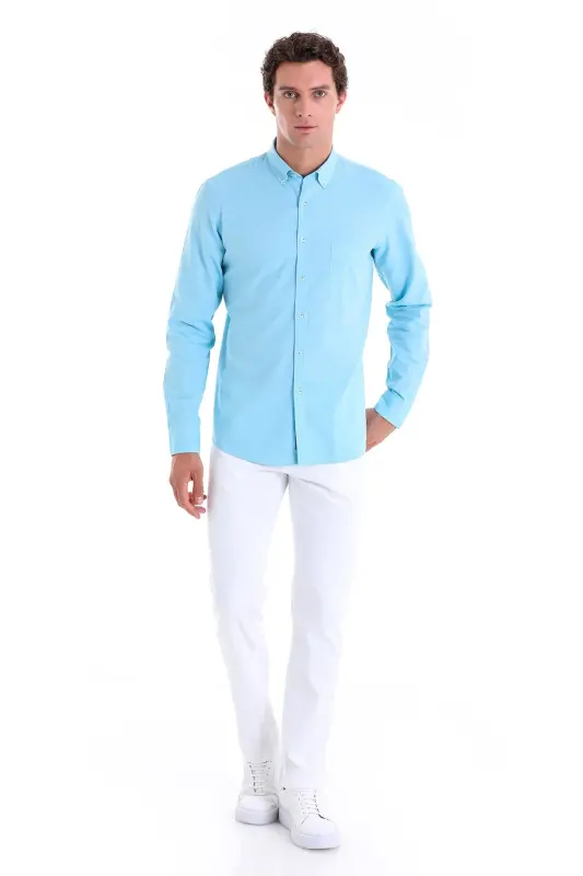 Turkuaz Comfort Fit Düz 100% Pamuk Düğmeli Yaka Uzun Kollu Casual Oxford Gömlek - Turkuaz - 6