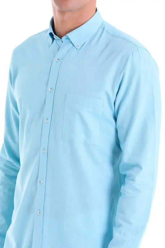 Turkuaz Comfort Fit Düz 100% Pamuk Düğmeli Yaka Uzun Kollu Casual Oxford Gömlek - Turkuaz - 7