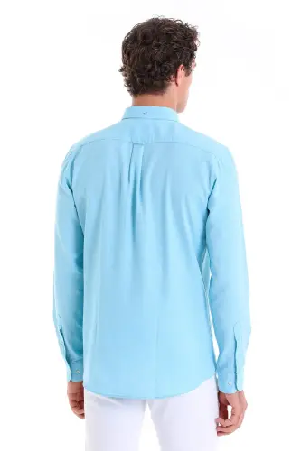 Turkuaz Comfort Fit Düz 100% Pamuk Düğmeli Yaka Uzun Kollu Casual Oxford Gömlek - Turkuaz - 8
