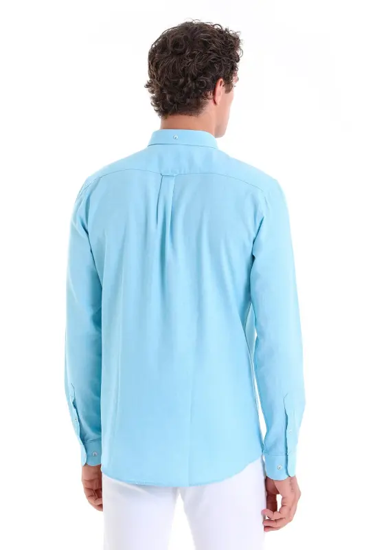 Turkuaz Comfort Fit Düz 100% Pamuk Düğmeli Yaka Uzun Kollu Casual Oxford Gömlek - Turkuaz - 8