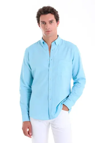 Turkuaz Comfort Fit Düz 100% Pamuk Düğmeli Yaka Uzun Kollu Casual Oxford Gömlek - Turkuaz 