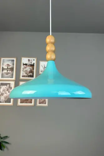 Turkuaz Mavi Ahşap Boncuklu Tekli Avize Sarkıt Salon Mutfak Butik Lamba-Turkuaz - 4