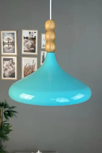 Turkuaz Mavi Ahşap Boncuklu Tekli Avize Sarkıt Salon Mutfak Butik Lamba-Turkuaz - 5