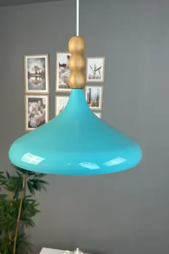 Turkuaz Mavi Ahşap Boncuklu Tekli Avize Sarkıt Salon Mutfak Butik Lamba-Turkuaz - 7