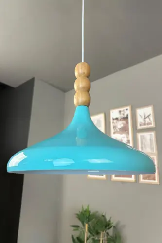 Turkuaz Mavi Ahşap Boncuklu Tekli Avize Sarkıt Salon Mutfak Butik Lamba-Turkuaz 