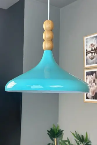Turkuaz Mavi Ahşap Boncuklu Tekli Avize Sarkıt Salon Mutfak Butik Lamba-Turkuaz - BAMYUM (1)