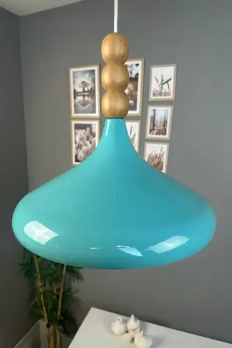 Turkuaz Mavi Ahşap Boncuklu Tekli Avize Sarkıt Salon Mutfak Butik Lamba-Turkuaz - 3