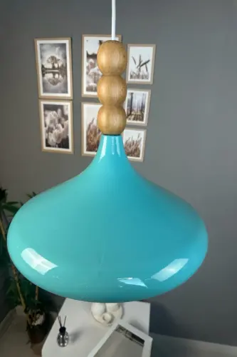 Turkuaz Mavi Ahşap Boncuklu Tekli Avize Sarkıt Salon Mutfak Butik Lamba-Turkuaz - 6