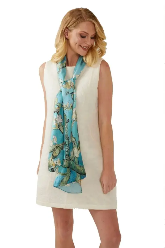 Turquoise 50x170 Almond Tree %100 Satin Silk Scarf Shawl - Turquoise - 1