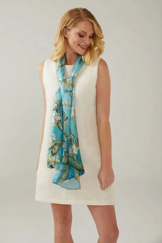 Turquoise 50x170 Almond Tree %100 Satin Silk Scarf Shawl - Turquoise - 3