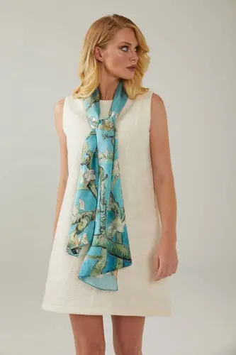 Turquoise 50x170 Almond Tree %100 Satin Silk Scarf Shawl - Turquoise - 4