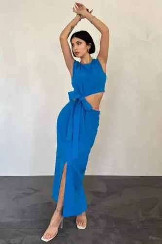 Turquoise Belted Crop Top and Skirt Set - 1