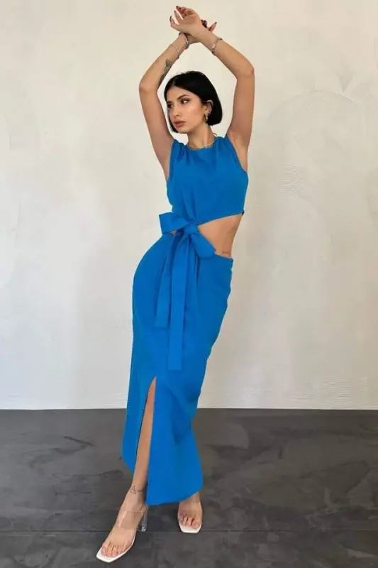 Turquoise Belted Crop Top and Skirt Set - 1