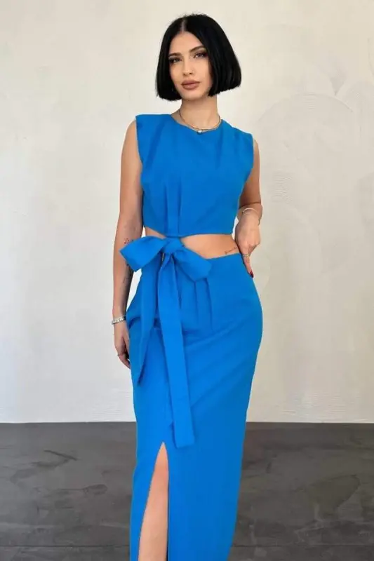 Turquoise Belted Crop Top and Skirt Set - 2