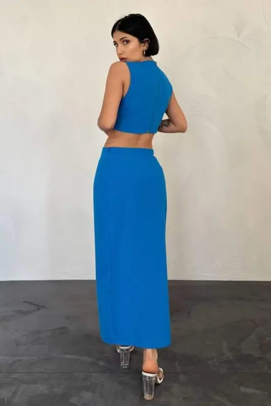 Turquoise Belted Crop Top and Skirt Set - 3